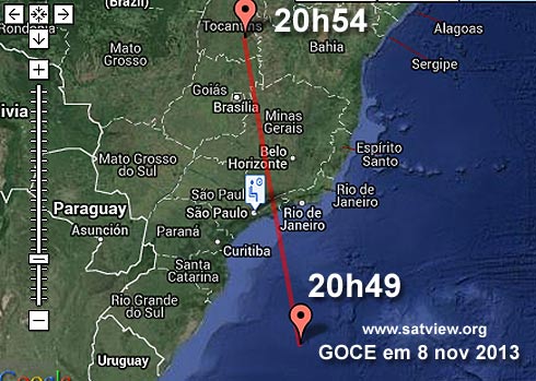 Passagem da sonda GOCE sobre o Sudeste do Brasil