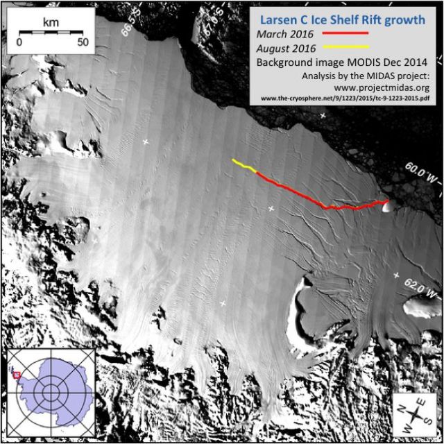 Imagem de satelite mostra plataforma de gelo Larsen C, na Antartida
