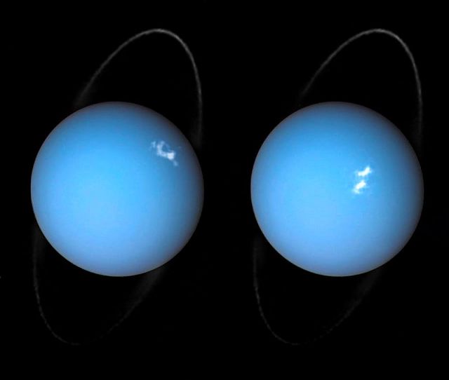 Auroras polares em Urano, registradas pela sonda Voyager 2 e telescpio Espacial Hubble