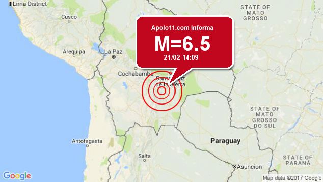 Forte terremoto sacode Bolvia, a 39 km de Padilla