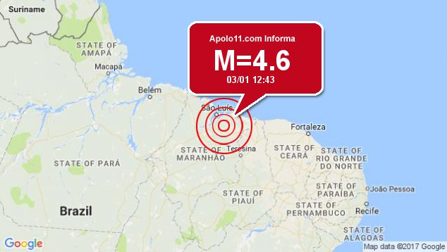 Terremoto de 4.6 pontos  registrado a 26 km de Nina Rodrigues, MA