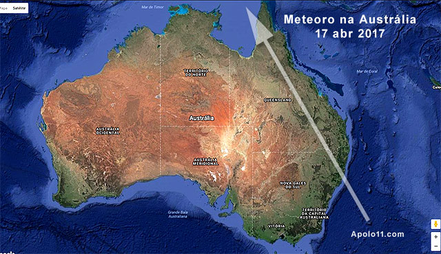 Possvel trajetria do Meteorito de 17 de abril, na Austrlia.