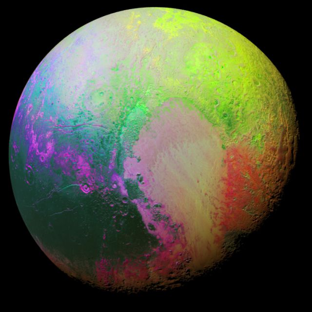 Planeta anao Plutao, em imagem registrada pela sonda New Horizons e colorida artificialmente para ressaltar as diferentes topografias.  
