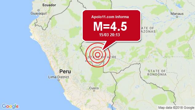 Terremoto de 4.5 pontos  registrado a 89 km de Tarauac, AC