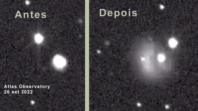 Imagem registrada pelo telescpio do observatrio ATLAS mostra os momentos antes e depois do impacto da sonda Dart contra o asteroide Dimorphos. Crdito: Atlas Project.