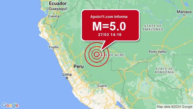 Terremoto de 5.0 pontos  registrado a 21 km de Marechal Thaumaturgo, AC