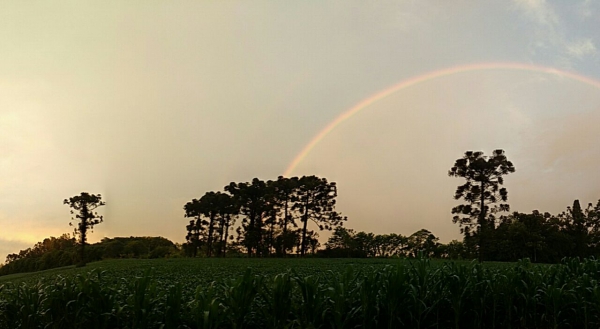Belíssimo arco-íris ao entardecer após um dia chuvoso