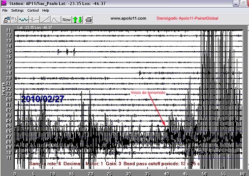 Tela do programa Amaseis mostra Sismograma do terremoto do Chile, de 8.8 graus de magnitude