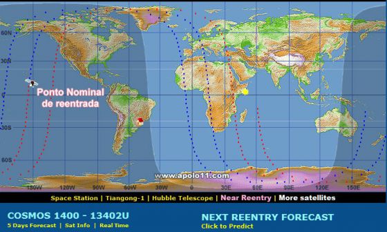 Previsão de reentrada do satélite Cosmos 1400