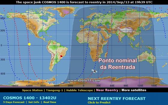 Previsão de reentrada do satélite Cosmos 1400 - 3