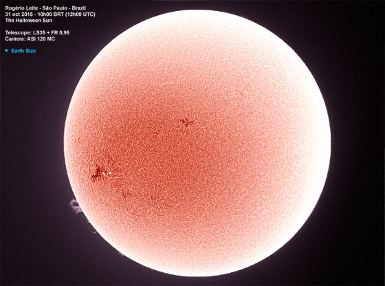 Sol do Halloween, registrado em H-alpha a partir do Observatorio Solar Apolo11, em 31 de outubro de 2015.