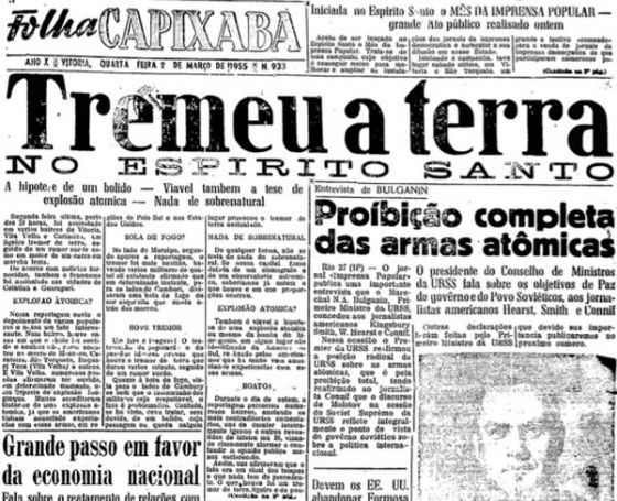 Manchete sobre o terremoto de 1955 no Brasil