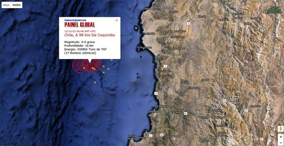Mapa mostra a localizacao da serie de terremotos que atingiram o Chile em 11 de novembro de 2015
