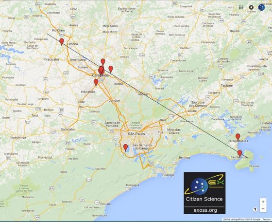 Mapa indica o onde o estrondo foi ouvido. Credito: Exoss Citizen Science 