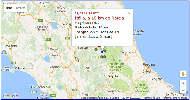 Mapa do terremoto de Norcia, Italia