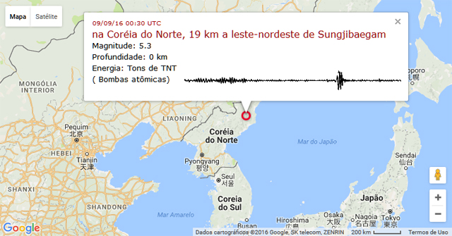 Mapa mostra a localizacao do local do teste nuclear da Coreia do Norte, a 19 km de Sungjibaegam