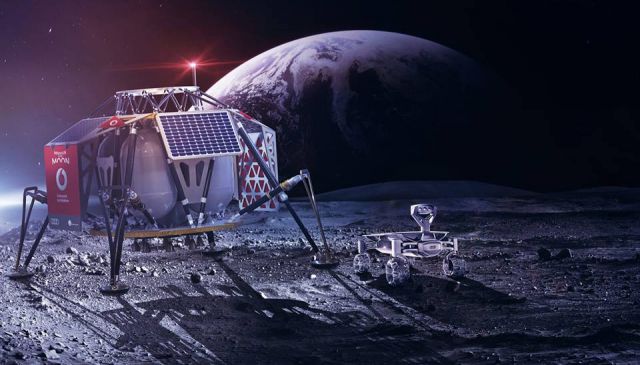 Concepo artstica mostra o modulo Alina e um dos rovers da Audi em operao no regolito lunar.