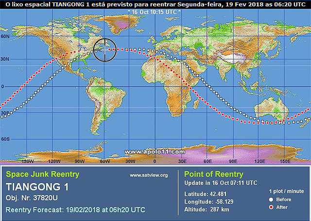 Previsao inicial de reentrada da Estacao espacial Chinesa Tiangong-1 feita pelo site Satview.org