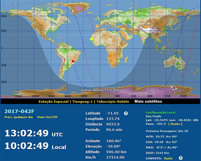 Site Satview mostra a posicao do satelite Mayak na manh de 17 de julho de 2017.