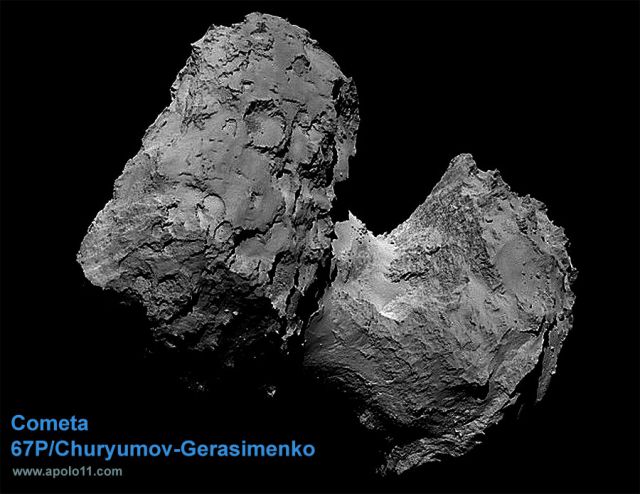 Cometa 67P/Churyumov-Gerasimenko, com detalhes para os dois lobulos que formam o corpo da rocha.