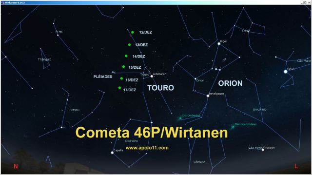 Carta celeste mostra a posicao do cometa 46P/wirtanen