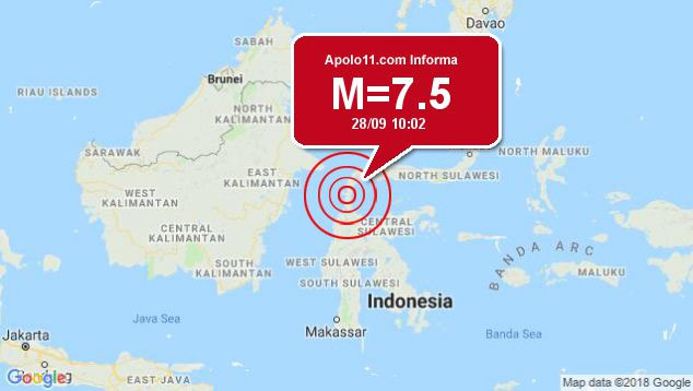 Localizacao tremor de 7.5 magnitudes proximo a cidade de Palu
