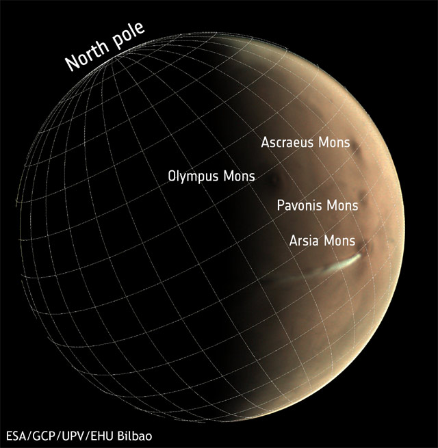 Anotacao sobre a localizacao da nuvem orografica marciana, observada em setembro de 2018 pelo sonda europeia mars express