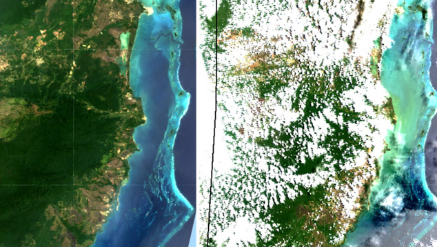 À esquerda, imagem do Landsat-7 de março de 2013 da costa de Belize com recifes de corais em azul claro. À direita, outra imagem com florescimento de algas em junho de 2011.<BR>