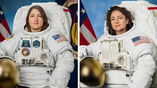 Astronautas Christina Koch e Jessica Meir, protagonistas do primeiro passeio espacial totalmente feminino. <BR>