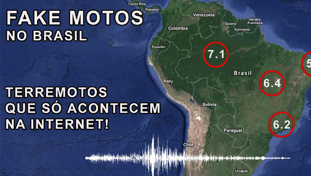 Imagem hipotética mostra diversos terremotos no Brasil, mas que nunca existiram de fato. São os Fake Motos.