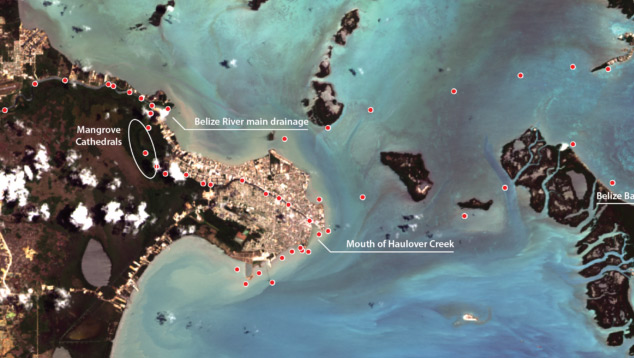 A imagem mostra os locais onde foram recolhidas 50 amostras para análise da qualidade da água, entre 14 e 15 de maio, sobreposta a uma imagem do Landsat-8 a partir de 20 de maio de 2019.  