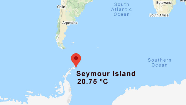 Ilha de Seymour, na Antrtida ocidental. Ali, em 9 de fevereiro de 2020 foi registrada a maior temperatura para o continente gelado, de 20.75 C.<BR>