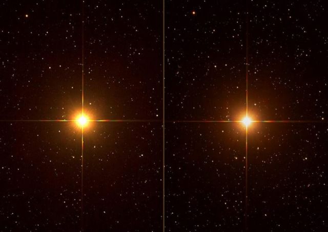 Imagens registradas pelo astrofotógrafo Brian Ottum mostram a diminuição de brilho de Betelgeuse. Do lado esquerdo vemos a estrela em fevereiro de 2016 e do lado direito Betelgeuse em 31 de dezembro de 2019. Crédito: Brian Ottum.<BR>