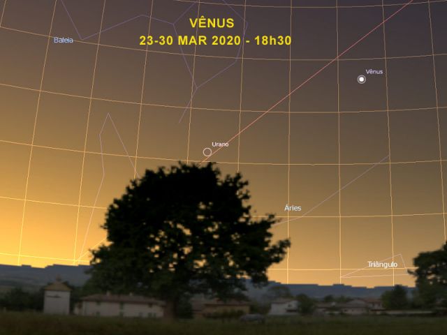 Carta Celeste mostra a localização planeta Vênus antes do por do Sol. Olhe para o céu!
