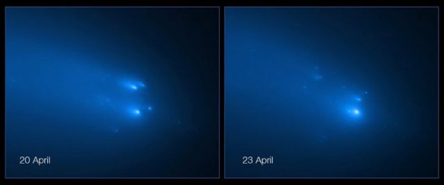 Imagens do cometa C/2019 Y4 ATLAS feitas pelo telescópio Hubble em 20 e 23 de abril revelam a pulverização crescente dos restos da fragmentação.  Crédito: NASA/ESA/D. Jewitt (UCLA), Quanzhi Ye (University of Maryland).<BR>