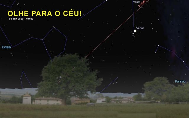Carta celeste ajuda a encontrar as Plêiades em conjunção com Vênus, em 04 de abril de 2020 às 19 horas. Bons céus!
