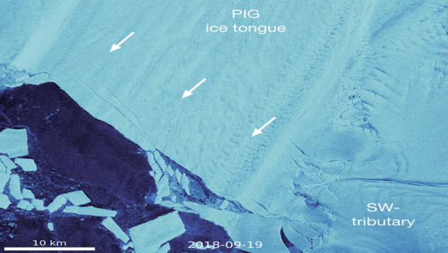 Dinâmica de formação e expansão de fissura na geleira Pine Island (P1 e P2) e Thwaites (T1), entre outubro de 2014 e julho de 2020. Crédito: ESA.
