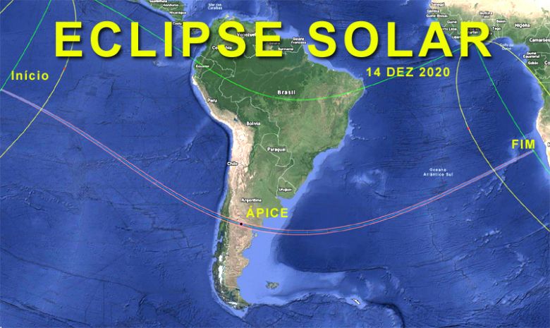 Caminho da sombra da Lua durante o eclipse solar de 14 de dezembro de 2020. O eclipse será total em toda a faixa central mostrada no mapa.