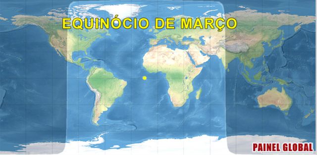 Mapa-mundi mostra a noite e o dia terrestre com a mesma duração durante o equinócio. 