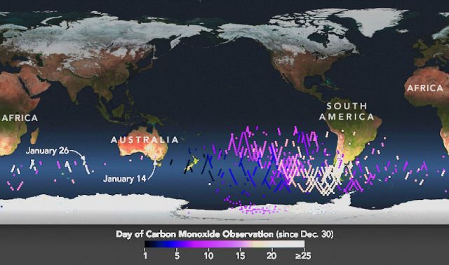 O mapa mostra os locais e as datas das observações das plumas de monóxido de carbono detectadas pelo sensor MSL a bordo do satélite Aura, da NASA.  <BR>