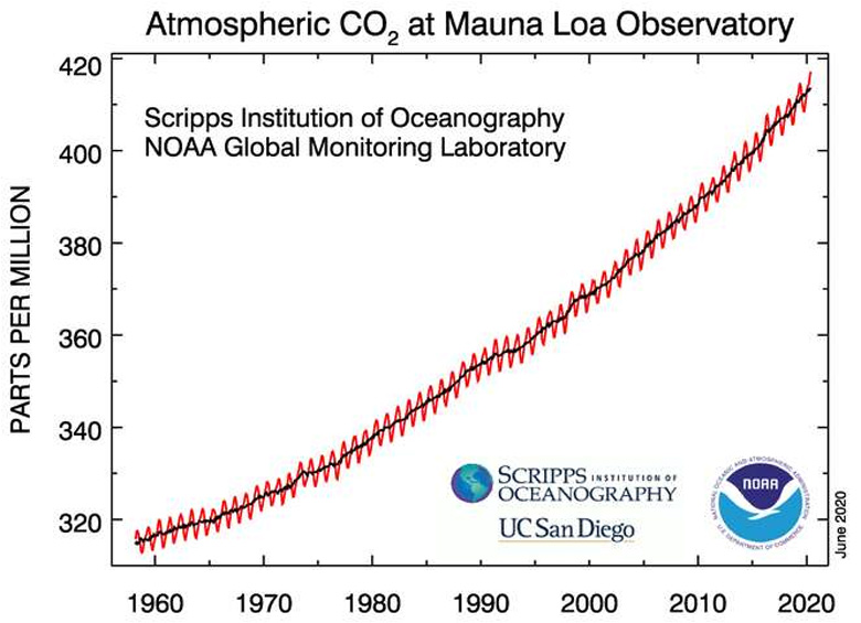 Gráfico mostra a concentração de dióxido de carbono, CO2) desde 1960 até o ano de 2020.