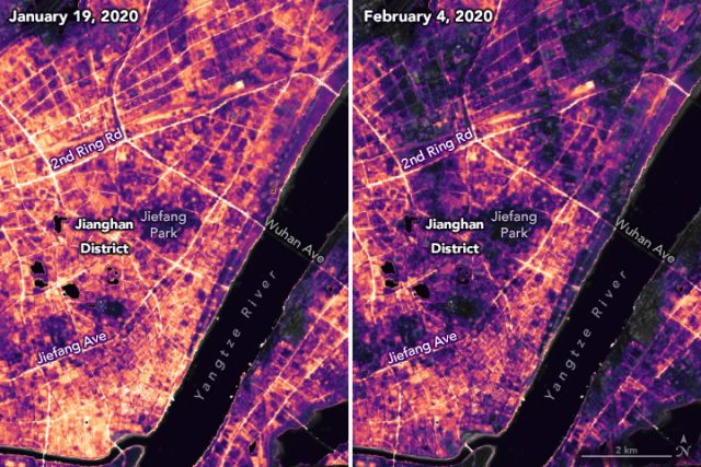 Imagens de satélite comparam diferentes momentos na cidade de Hubei, na China. As cenas revelam a mudança de comportamento durante a pandemia de 2020. 