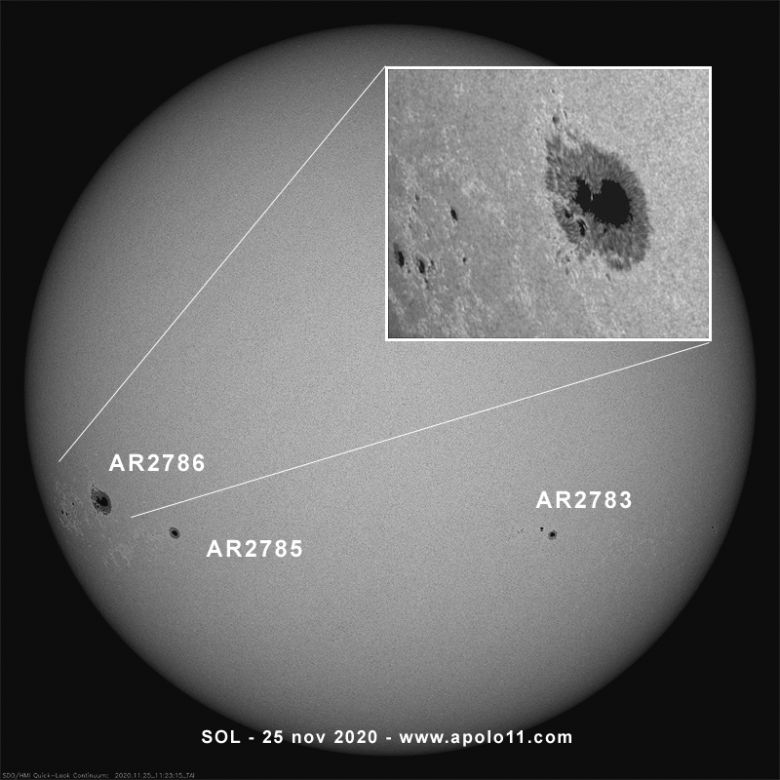 Registro do Sol em comprimento de onda da luz visível mostra diversas regiões ativas, com destaque para a mancha AR2786, de 1.155 bilhão de quilômetros quadrados, mais de duas vezes a área da Terra.<BR>