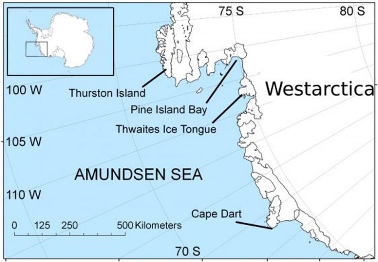 Mapa mostra a localização das geleiras Pine Island e Thwaites, na Antártida.