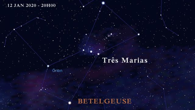 Carta celeste mostra a estrela Betelgeuse dentro da constelação de Orion, em 12 de janeiro de 2020. Crédito: Apolo11.com.<BR>