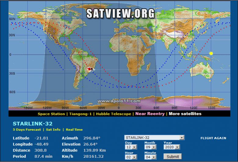 Localização aproximada da reentrada do satélite Starlink 32 sobre São Paulo, como apontada pelo site Satview.org. A posição exata do ruptura deverá ser divulgada em breve. Assista ao vídeo para ver mais detalhes.