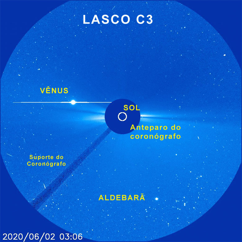 Trânsito de Vênus e estrela Aldebarã na frente do Telescópio Solar Espacial SOHO.