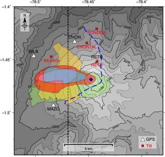 Mapa dos arredores do vulcão Tungurahua. A linha pontilhada azul indica a localização de uma enorme cicatriz criada há 3 mil anos, após o colapso do flanco oriental da montanha. O ponto azul é a saída principal do vulcão. Crédito: Earth and Planetary Science Letters<BR>