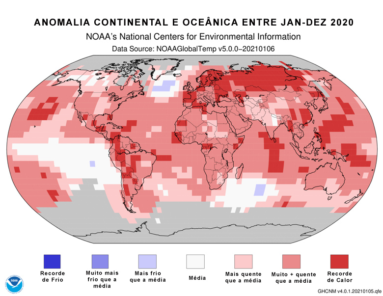 Mapa da anomalia térmica mostra os locais  no mundo onde as temperaturas bateram recordes de frio e calor no ano de 2020.