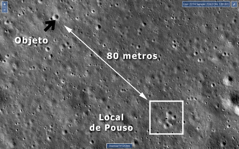 Imagem feita pela sonda estadunidense LRO, onde se vê o objeto registrado pelo jipe-robô Yutu 2.<BR>